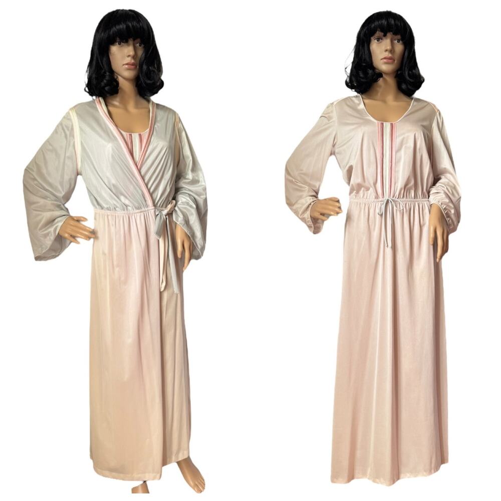 Vintage 1970s Sears Pink & Grey Satin Robe Nightgown Set medium